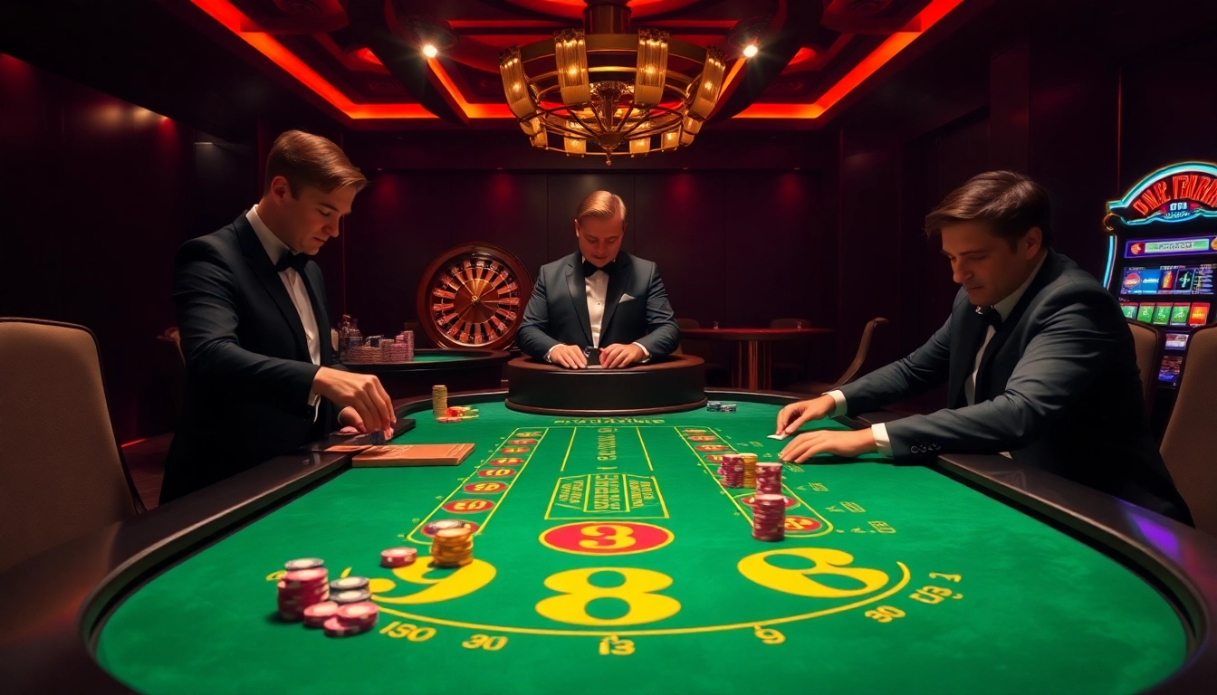 Players enjoy a thrilling blackjack game at a j88 casino table with colorful chips and illuminated slot machines.