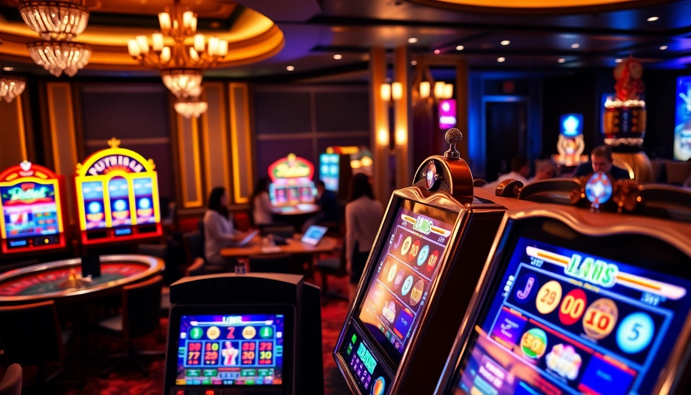 Engaging players spinning slot machines in a vibrant casino environment with exciting lights.