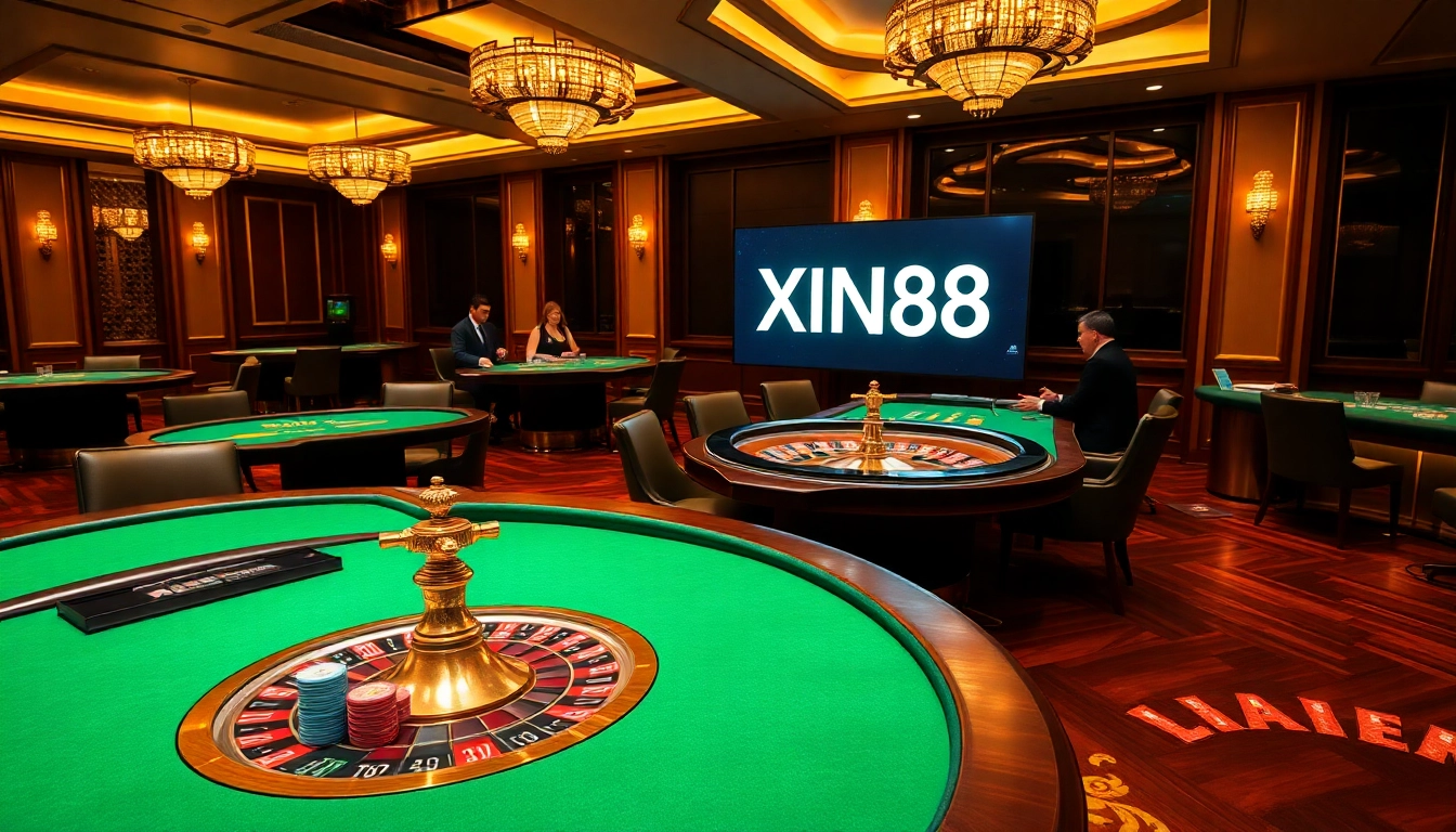 XIN88 casino table with poker chips and digital display, showcasing vibrant gambling action.