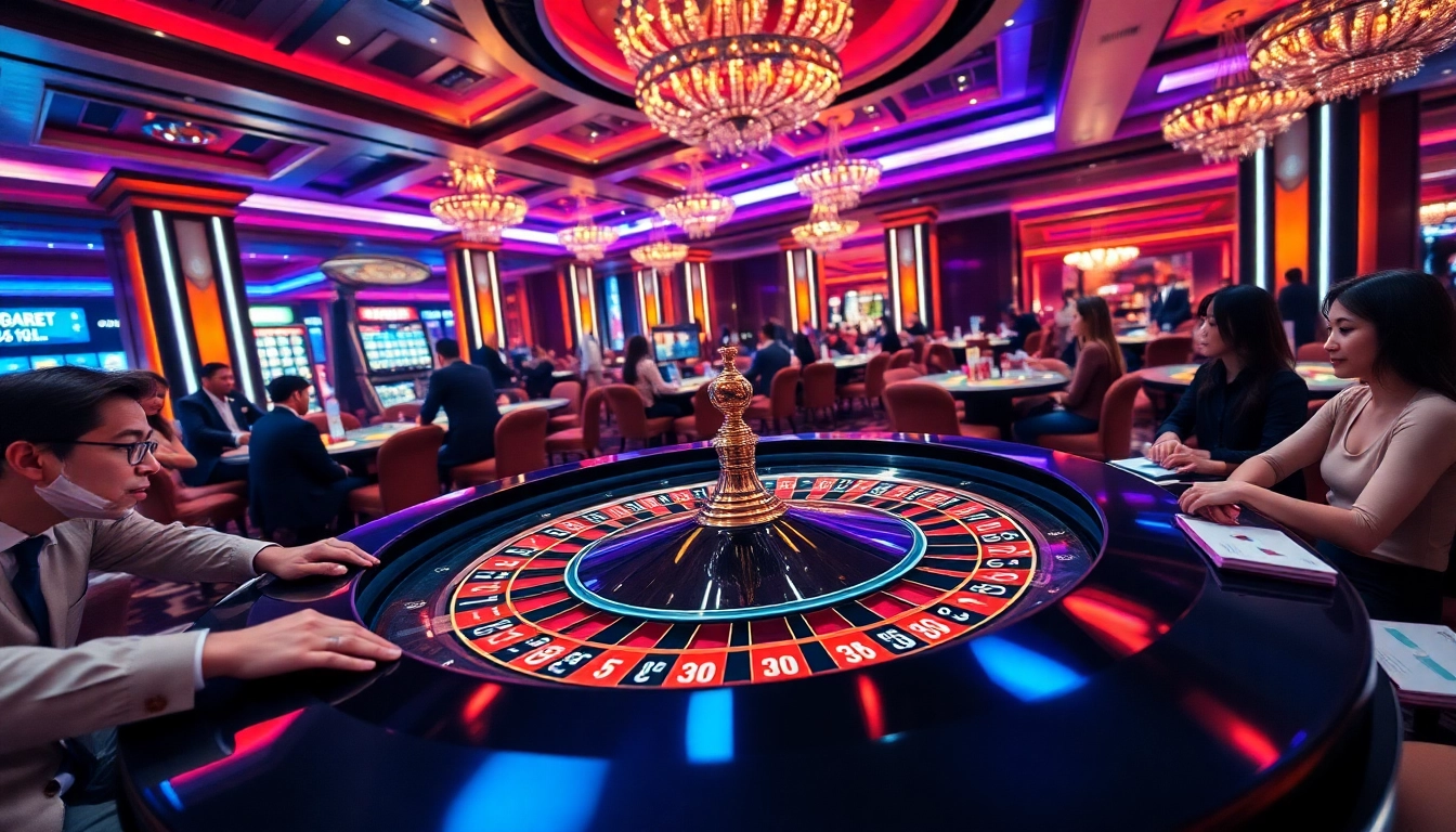Players engaging in thrilling betting action at the SBOBET roulette table in a vibrant casino setting.