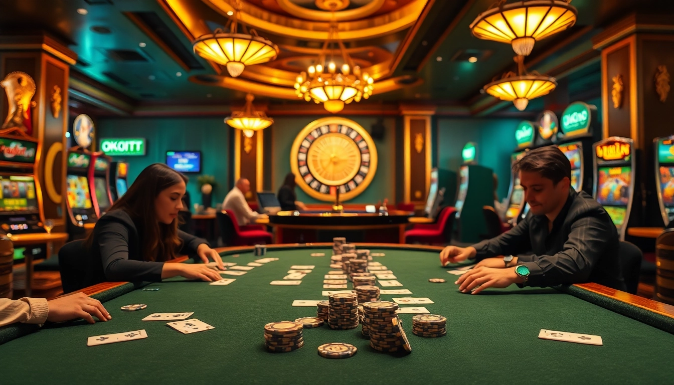 Okking poker chips and cards on a vibrant casino table showcasing excitement.