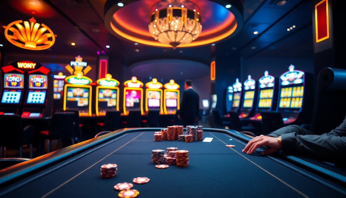 Exciting casino atmosphere at 123win with poker tables and vibrant slot machines.