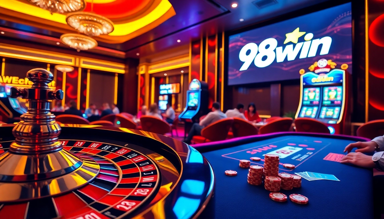 Engage in thrilling gambling action with 98win at a luxurious casino featuring tables and games.