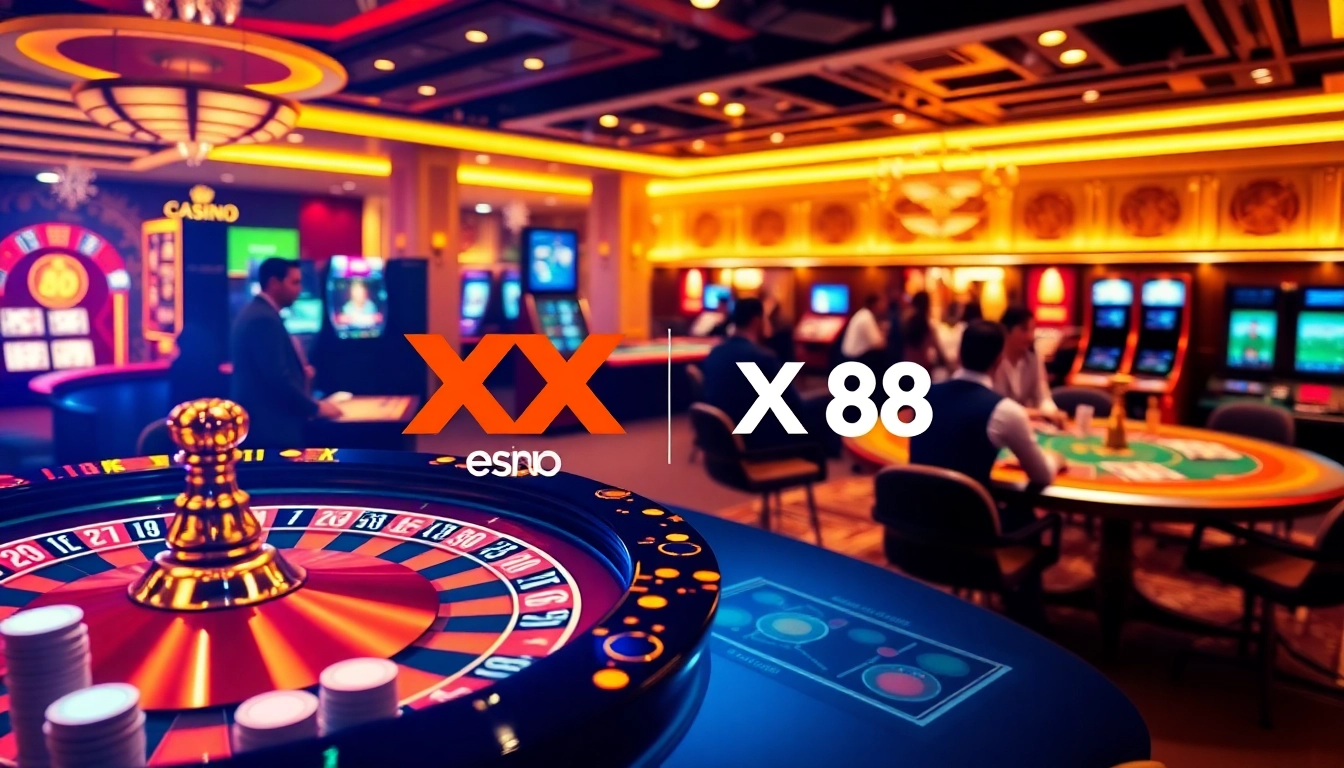 Players engaging in thrilling casino games with XX 88 branding, showcasing excitement and luxury.