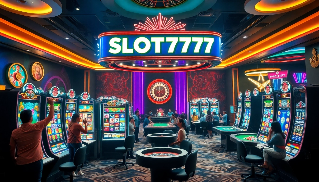 Players celebrating wins at vibrant SLOT777 slot machines in a luxury casino.