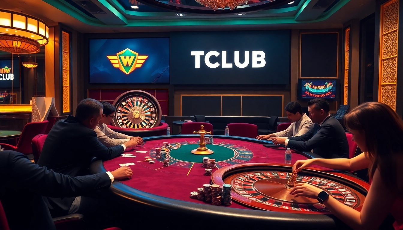 Exciting HITCLUB casino gaming scene with poker tables, chips, and roulette wheel.