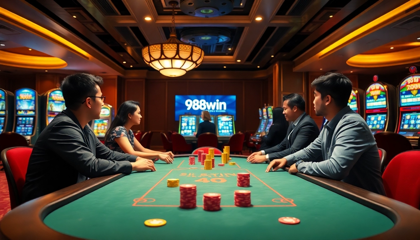 Experience the thrill of winning at 98win trang chủ poker table with vibrant chips and slot machines.