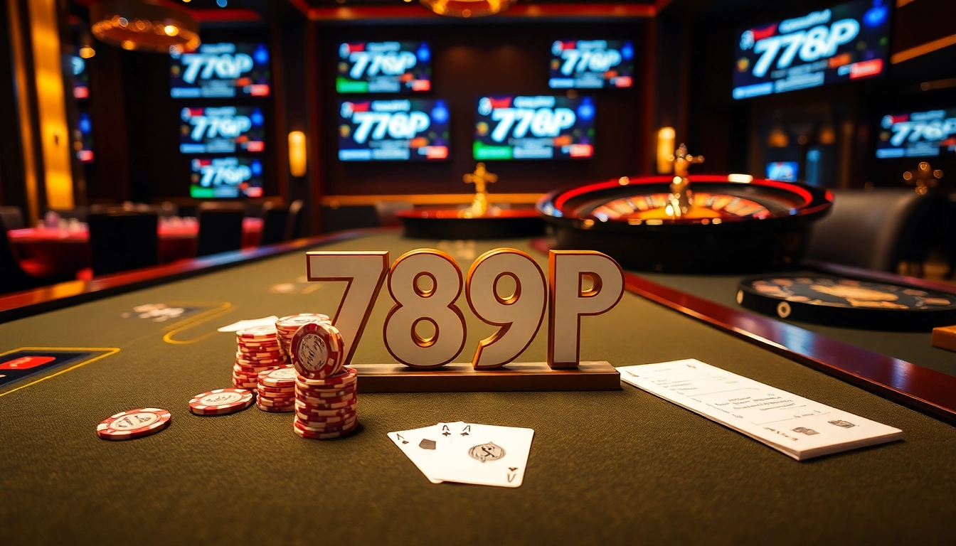 A lively casino atmosphere showcasing a 789P poker table with vibrant chips and cards in-play.