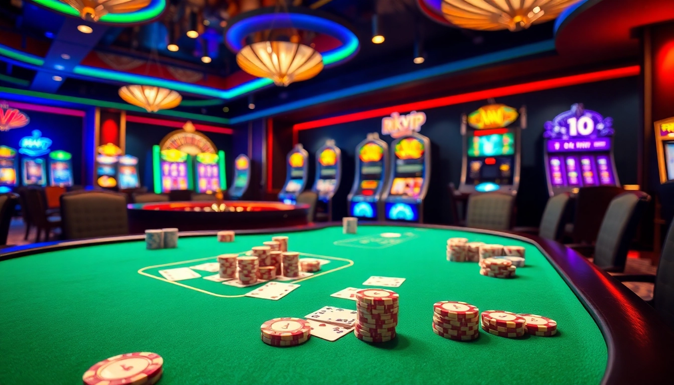 Experience high-stakes action with rikvip at luxury casino tables featuring poker chips and cards.