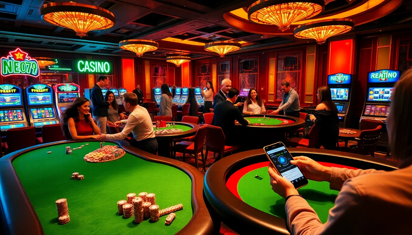 NEO79 players celebrating big wins at a luxurious casino table with vibrant ratings.