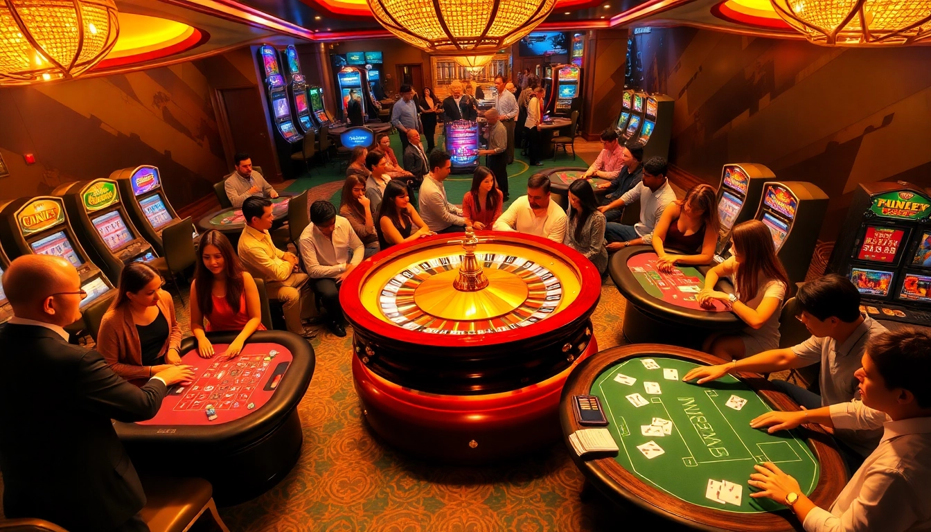 K88 casino players engaged in exciting gambling activities at vibrant tables.