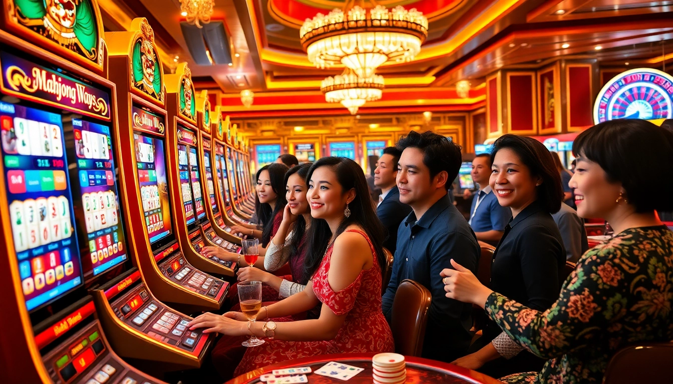 Players experiencing an exciting slot demo mahjong game in a luxurious casino setting.