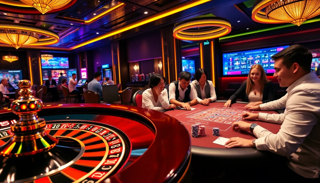 Play exciting games at 68win's luxurious casino, featuring poker tables and roulette wheels.