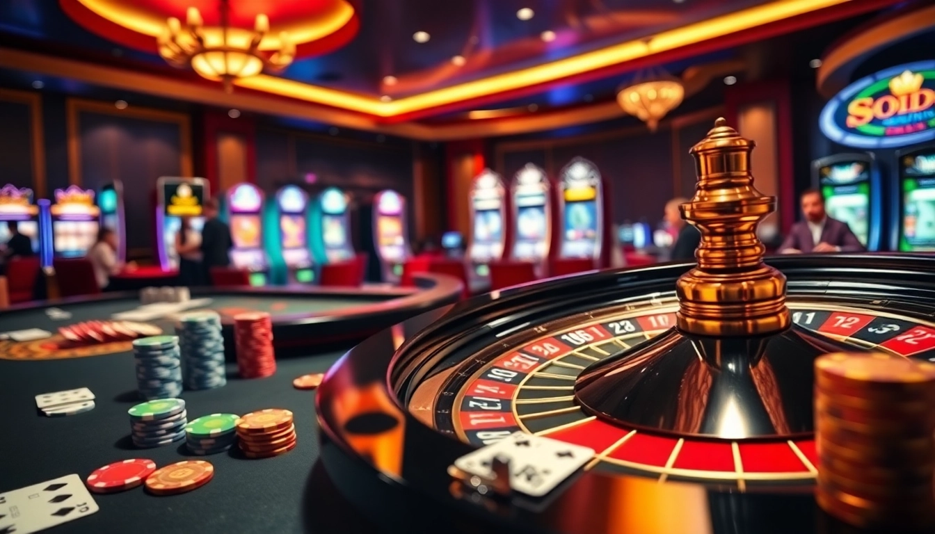 Experience thrilling gaming at SODO Casino with vibrant tables, roulette, and enthusiastic players.
