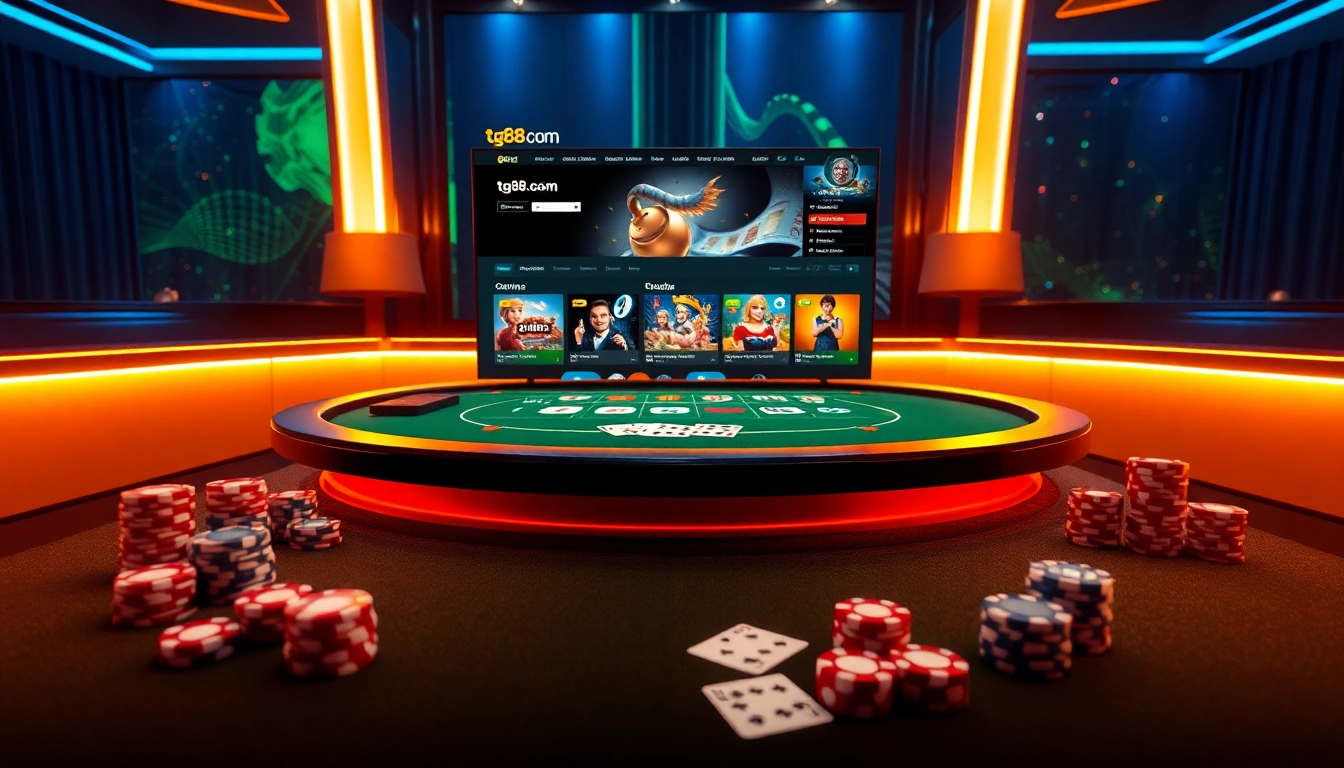 Experience the thrill of winning at tg88. com with vibrant casino tables and exciting gaming elements.