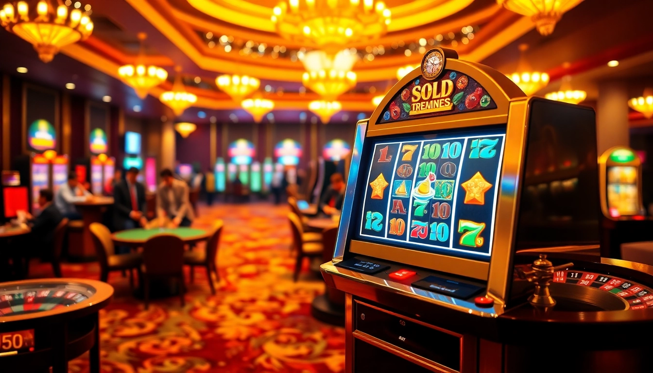 Engage with an exciting slot demo on a luxurious casino floor filled with vibrant lights and gaming action.