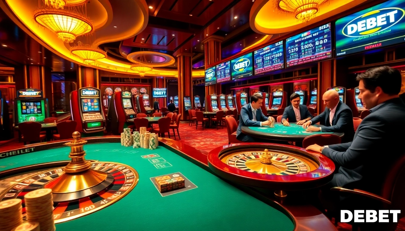 Players enjoying a thrilling gaming experience at DEBET casino, showcasing roulette and poker tables.