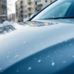PPF winter road salt protection on a vehicle’s glossy surface in a snowy urban setting.
