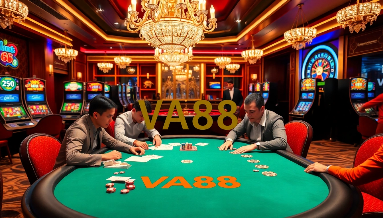 VA88 offers an exciting gambling experience at a luxurious casino table with engaging players.