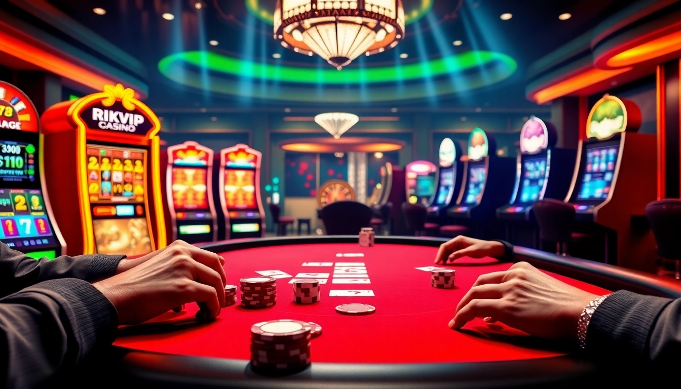 RIKVIP players celebrating a big win at a luxury casino table with vibrant slot machines in the background.