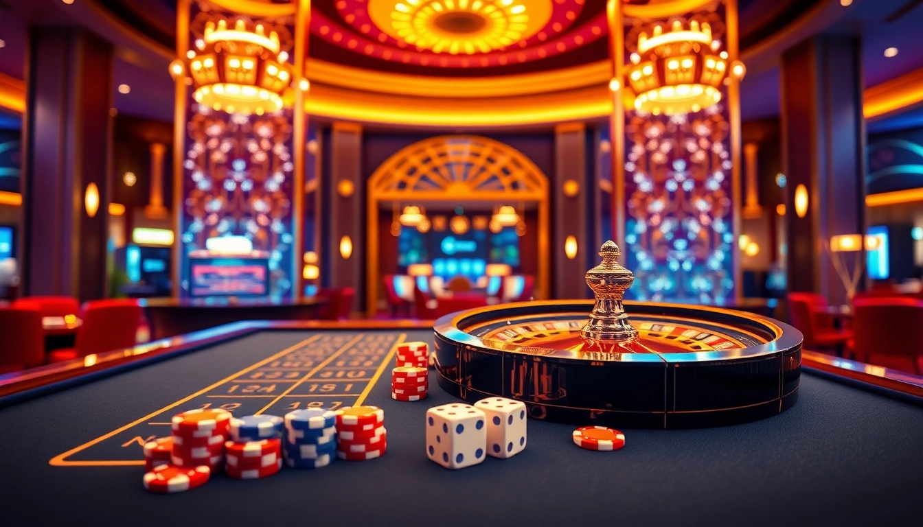 Experience thrilling gameplay at https://99win1.us.com/ with vibrant casino visuals featuring roulette wheels and poker chips.