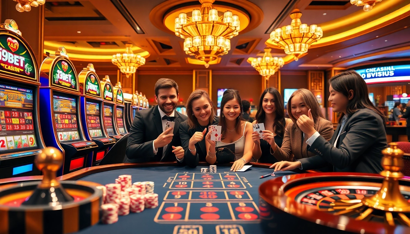 Gambling excitement at an i9bet-themed casino table with players, chips, and roulette.