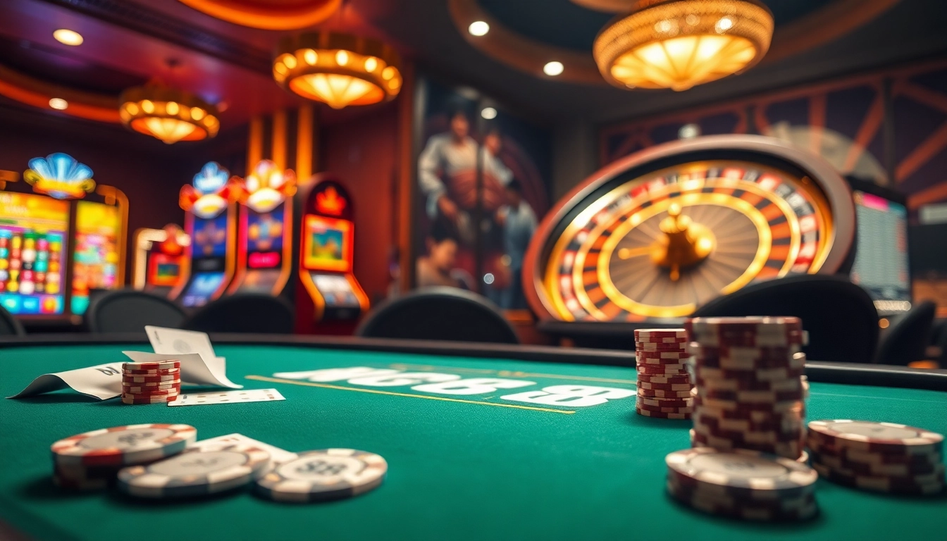 Nc88 casino scene with luxurious poker table, vibrant slot machines, and roulette wheel.