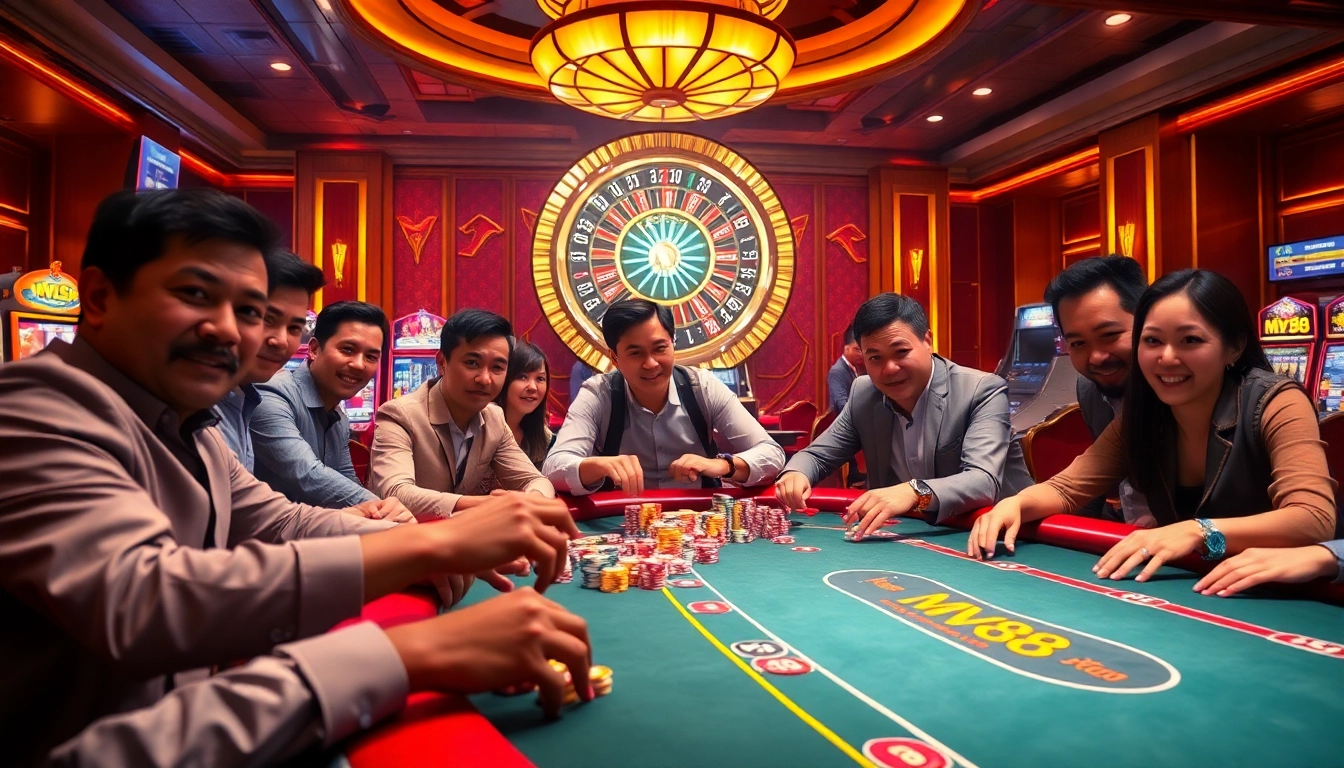 High-stakes poker action at MV88 casino with vibrant chips and glowing roulette wheel.