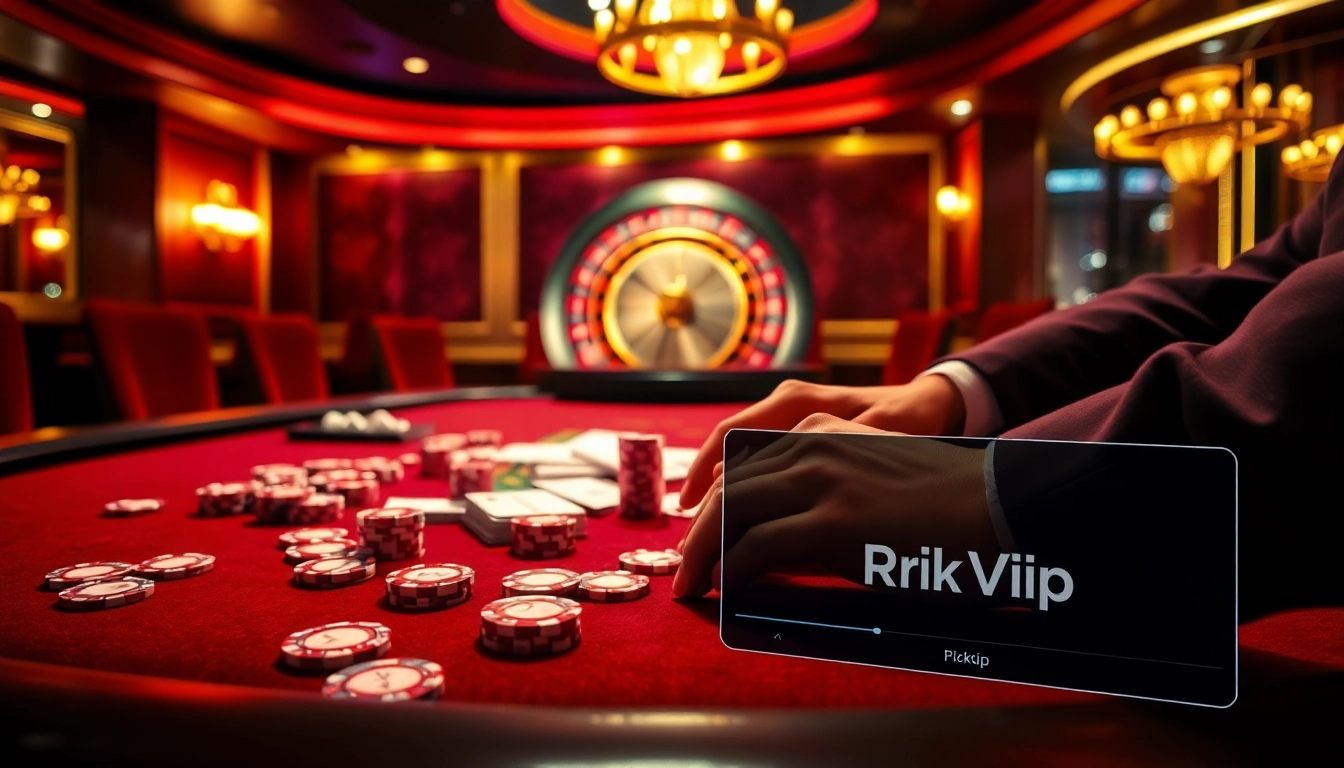 Rikvip poker scene showcasing vibrant chips, cards, and online excitement in a luxury casino.