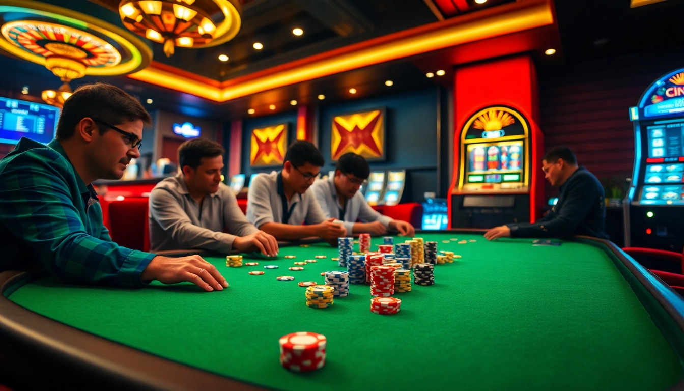 Experience the excitement of gambling with ph365 register at a vibrant casino scene featuring poker and roulette.