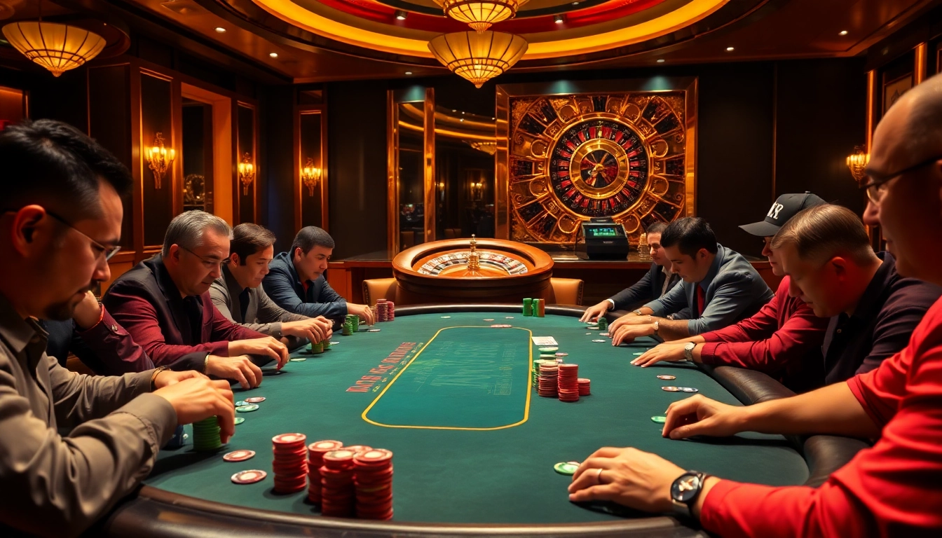 Players strategizing at a poker table in a luxurious casino setting, embodying the thrill of Xin88.