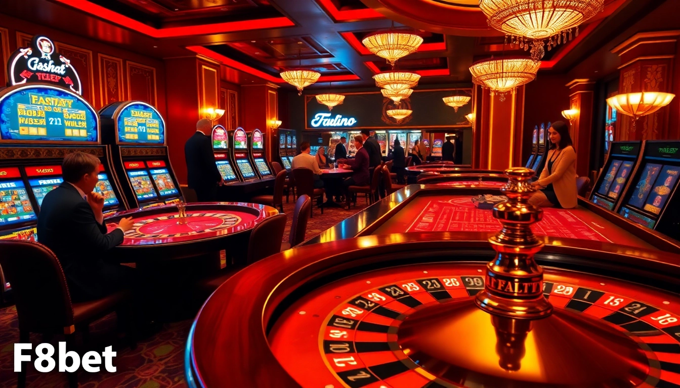 Experience the excitement of F8bet with players engaged at a lively poker table and vibrant casino games.