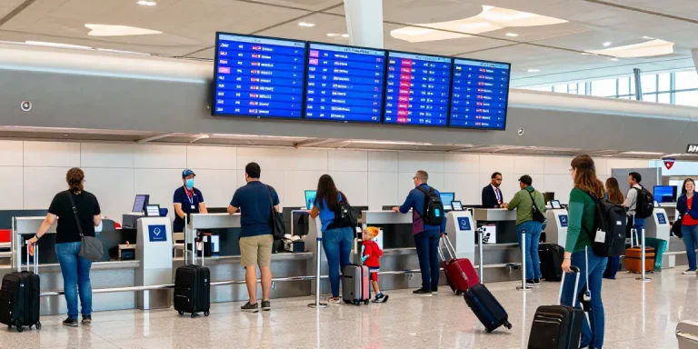 Travelers checking in at American Airlines for flight AA 88 in a busy airport.