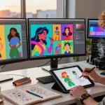 Creative NSFW AI character design in digital art studio with artist sketching.