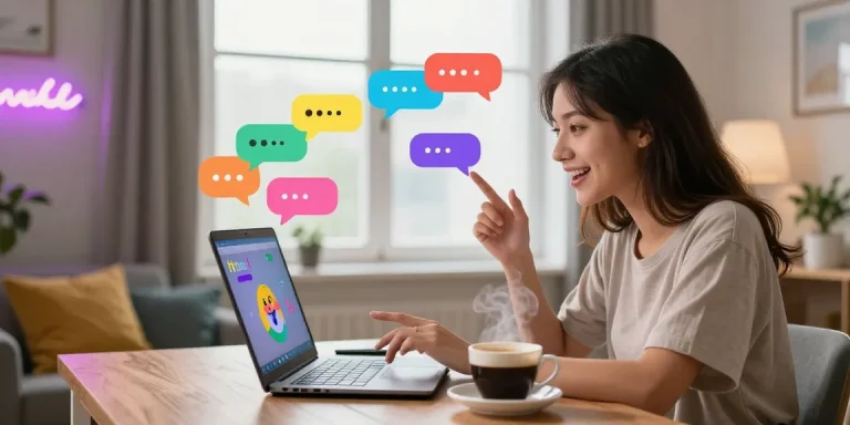 Engaging spicy chat scene depicting a woman in a cozy home office.