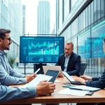 L'actualité de la finance décentralisée discutée par des analystes financiers dans un bureau moderne.