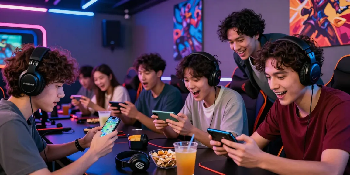 Group enjoying Raja Game login experience in vibrant gaming lounge with smartphones and snacks.