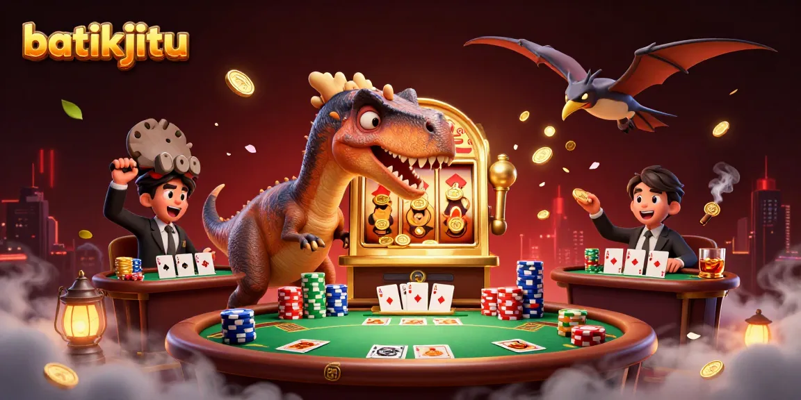 Batikjitu menghadirkan ilustrasi kasino dengan dinosaurus menciptakan jackpot, menampilkan unsur poker dan slot yang menarik.