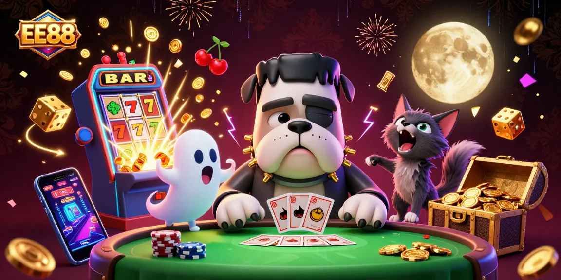 EE88 offers a thrilling casino experience with dynamic 3D characters at a vibrant gaming table.