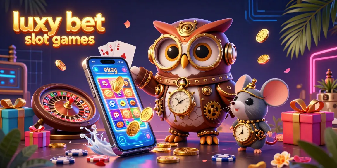 Experience thrilling luxy bet slot games with a steampunk time-traveler owl and vibrant casino elements.