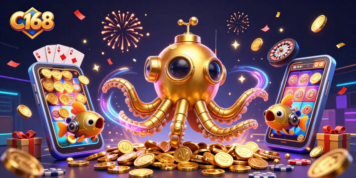 C168 players engage in immersive gaming with a golden kraken submarine in a rich, vibrant casino scene.
