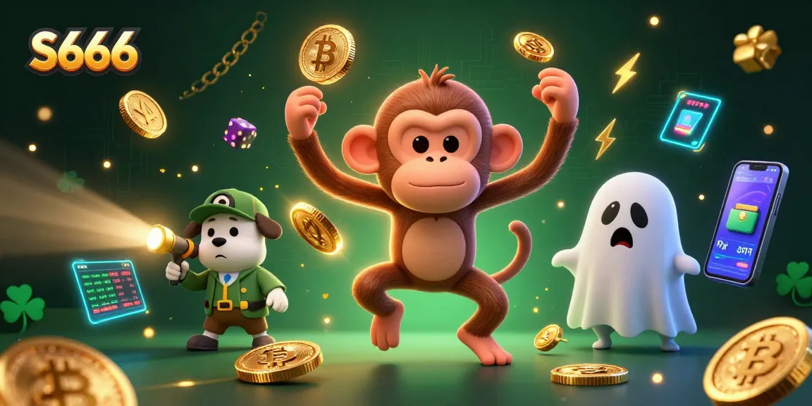 S666 casino scene with a mischievous poltergeist monkey and a ghost-hunter puppy juggling golden chips and cards.
