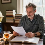 T Allen Greenfield reading in a library about UFO phenomena at https://tallengreenfield.com, with cozy lighting and books around.