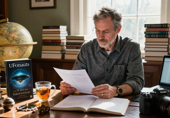 T Allen Greenfield reading in a library about UFO phenomena at https://tallengreenfield.com, with cozy lighting and books around.